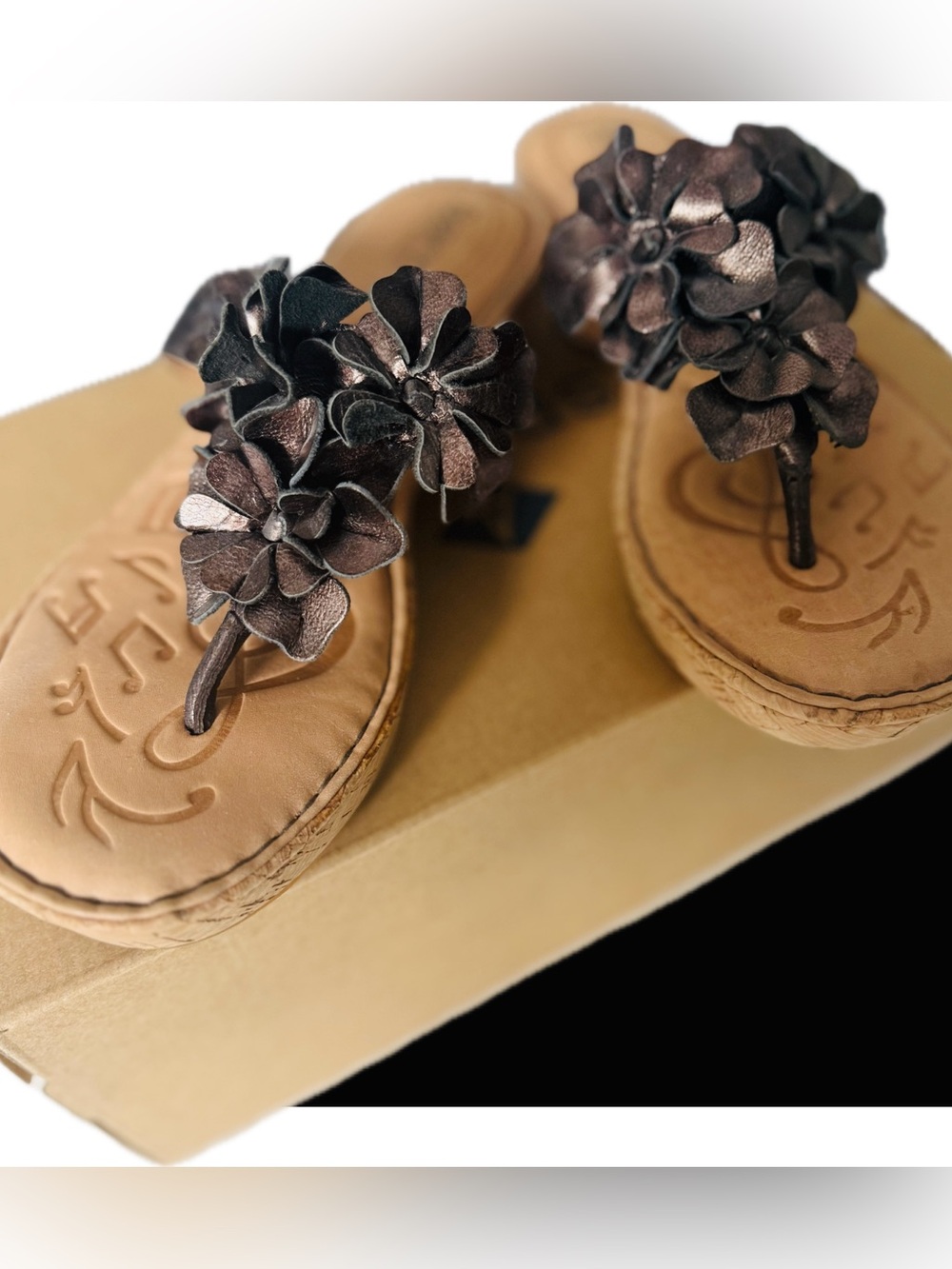 Born Metallic Floral Leather Thong Sandals, Size 6